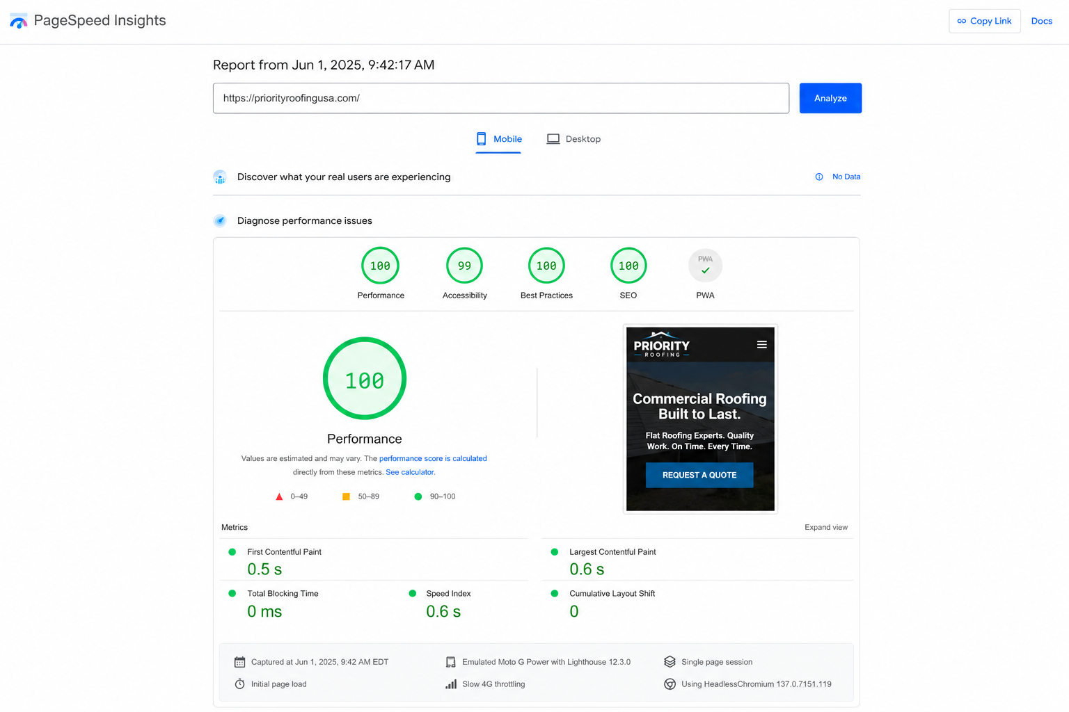 Google PageSpeed Insights Mobile Benchmark: 100 Performance Score for Roofing Platform